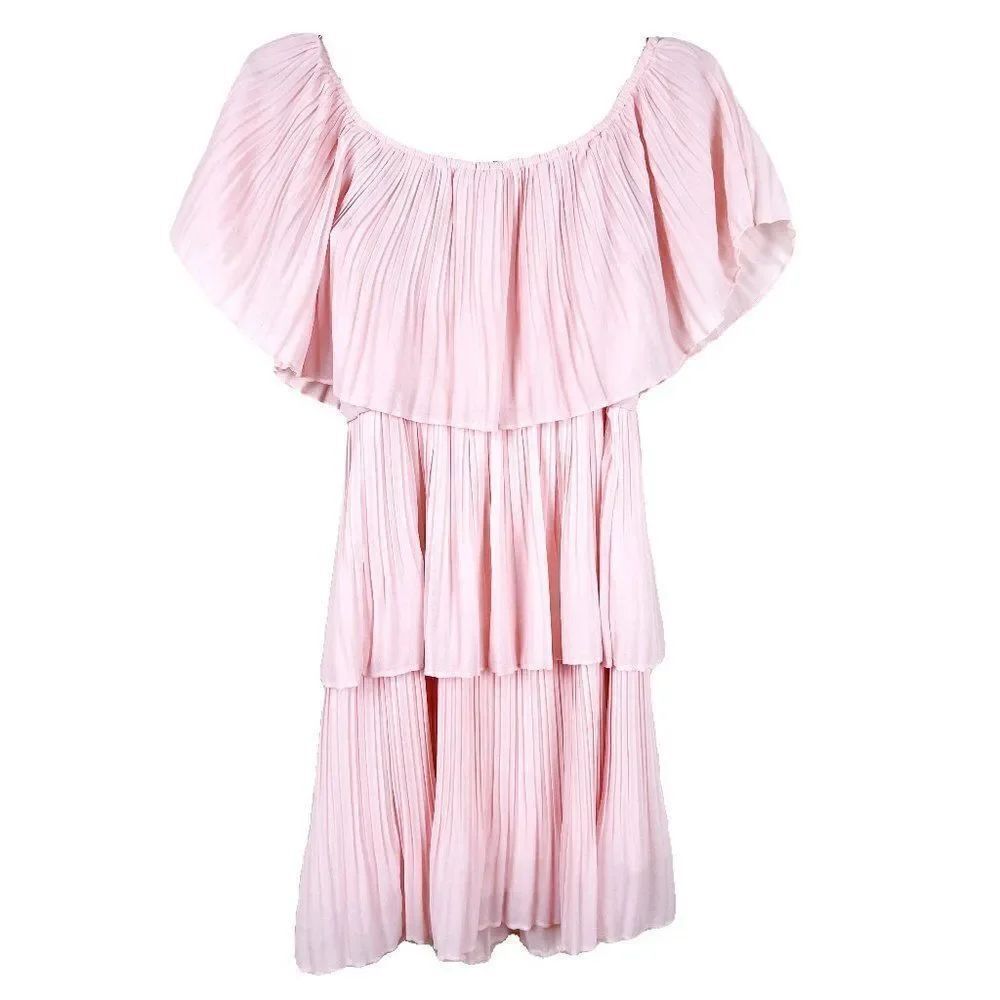 B Darlin Light Blush Pink Tiered Pleated Chiffon Off the Shoulder Dress